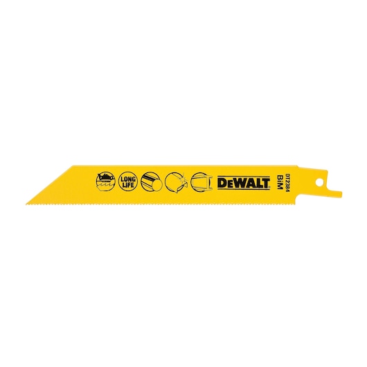 Yellow DEWALT DT2384 reciprocating saw blade with icons and branding, designed for metal cutting.