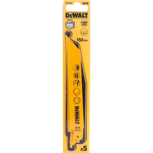 DEWALT DT2384 BiM metal saw blade pack, 152mm, yellow packaging, contains 5 blades.
