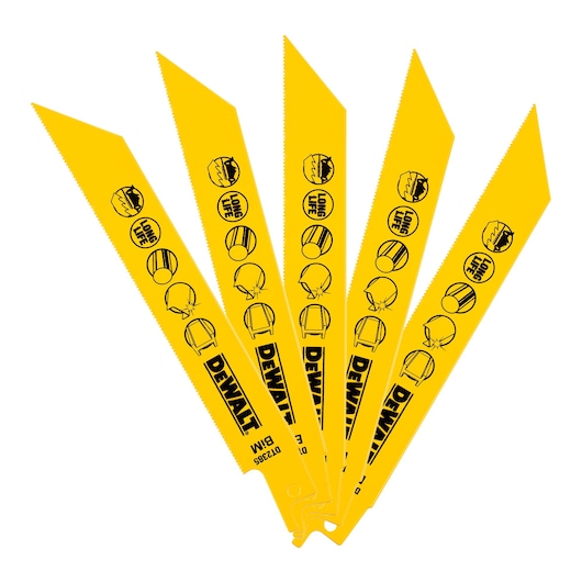 Five yellow DEWALT DT2385 saw blades with icons and text, arranged in a fan shape on white background.