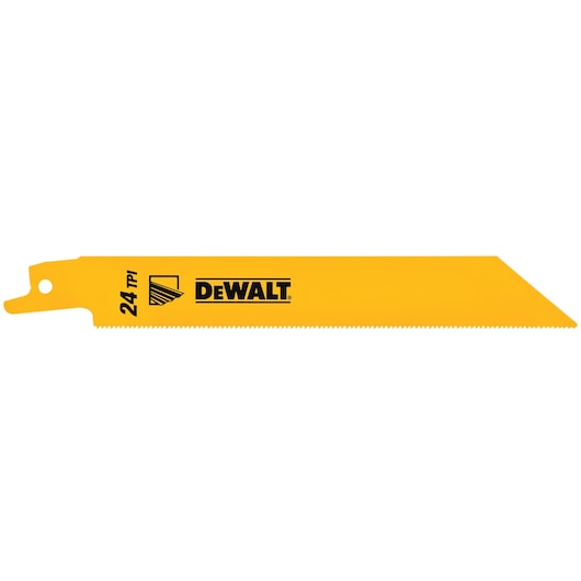 DEWALT yellow reciprocating saw blade with 24 TPI, straight and angled edge, for cutting applications.