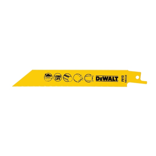 DEWALT DT2385 yellow reciprocating saw blade with icons and branding, suitable for cutting metal and other materials.
