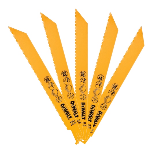 Five yellow DEWALT reciprocating saw blades, fanned out, each with printed icons and text indicating long life and suitable materials.