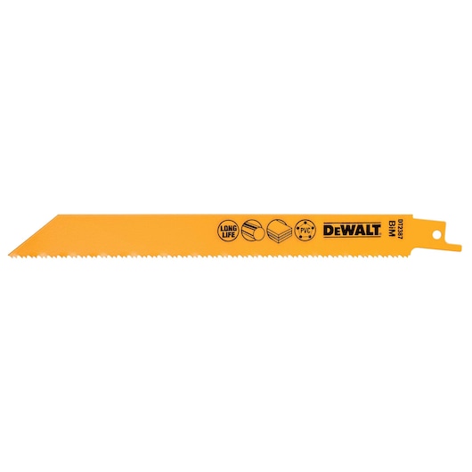 DEWALT DT2387 yellow reciprocating saw blade for cutting metal, wood, and PVC, with long-life icons.