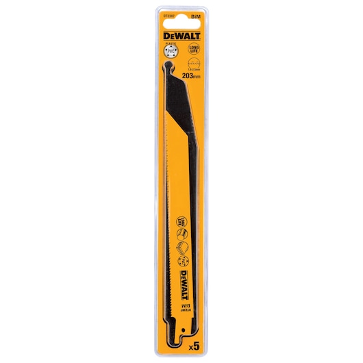 DEWALT DT2387 203mm saw blade pack for cutting plastic or PVC, shown in yellow and black packaging.