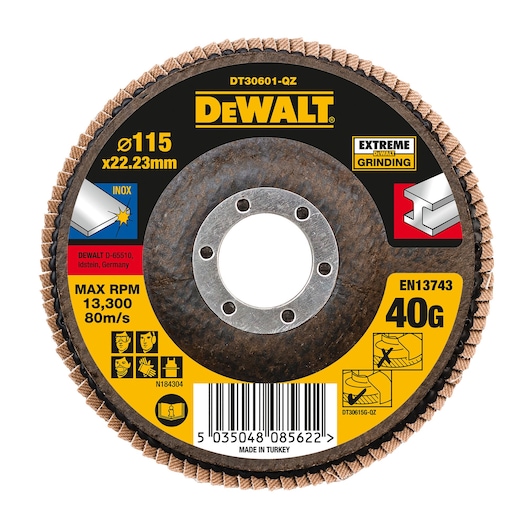 DEWALT grinding disc, DT30601-QZ, DT30601, DT30601-F, 115mm, 40G for Extreme Grinding. Photography category.