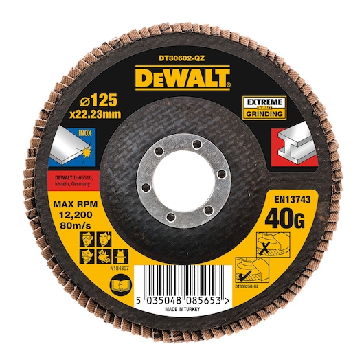 A DEWALT branded abrasive flap disc, model DT30602-QZ, with 125mm diameter and 22.23mm bore, marked for extreme grinding and stainless steel (INOX) use. It features safety and usage instructions, a 40 grit rating, max speed of 12,200 RPM and 80m/s, barcode, and is made in Turkey.