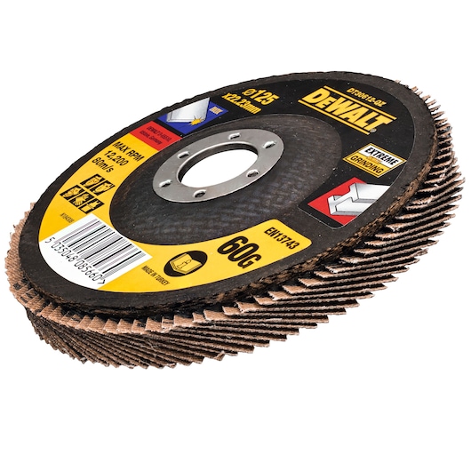 Stack of DEWALT 60G flap discs for grinding, labeled with specifications. Black and yellow design.