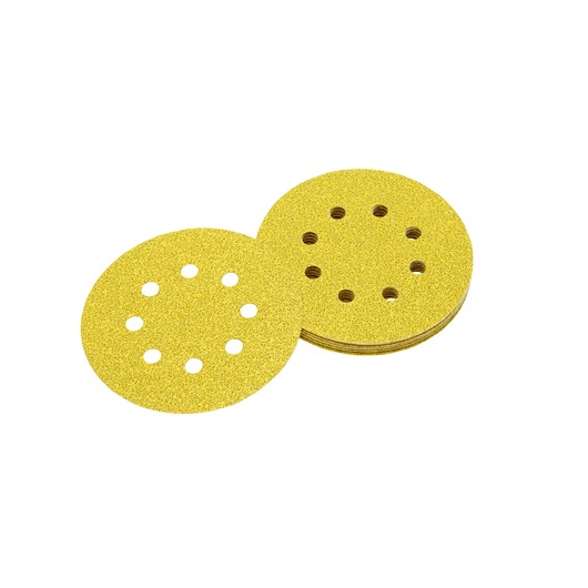 Stack of yellow circular sanding discs with holes for attachment and dust extraction.