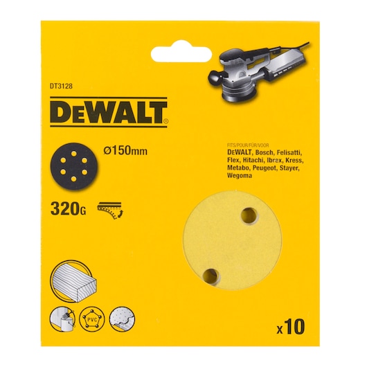 DEWALT DT3128 sanding discs, 320 grit, 150mm diameter, pack of 10, shown in yellow packaging for woodworking.
