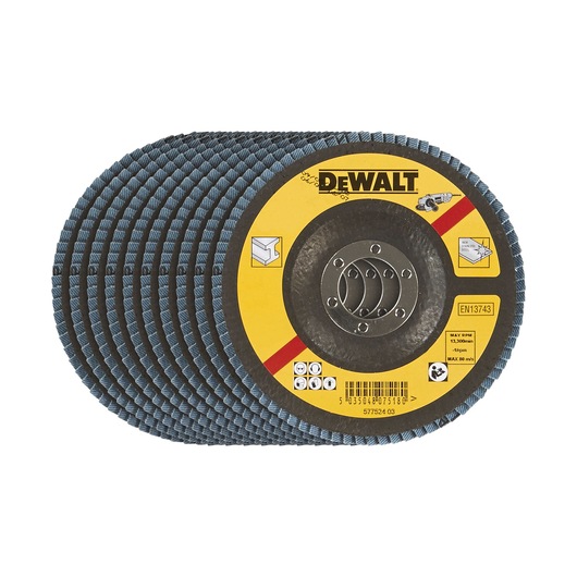 A set of DEWALT branded abrasive flap discs with a yellow and black label, used for grinding and finishing surfaces. The discs are stacked and display the product information and barcode on the front disc.