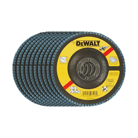 DEWALT flap discs, pack shown. Photography category. SKUs: DT3293-QZ, DT3293.
