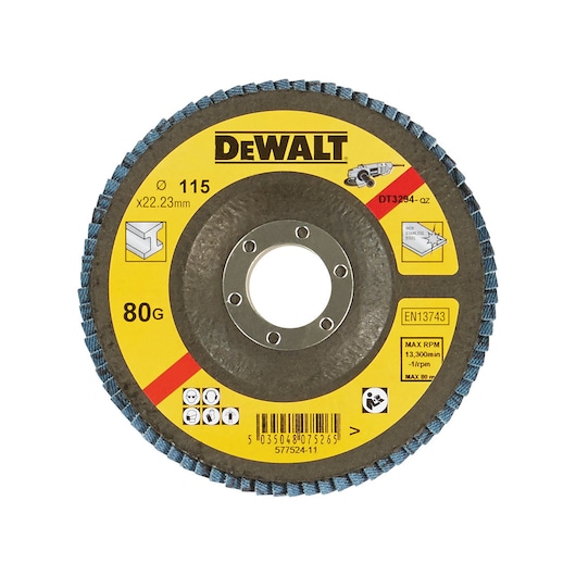DEWALT abrasive disc DT3294, DT3294-QZ for metal, 115mm diameter, yellow label, photography product.