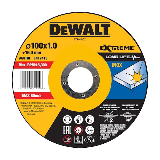DEWALT cutting disc DT3440-QZ, DT3440 for metal, 100x1.0 mm size. Extreme long life. Photography product.
