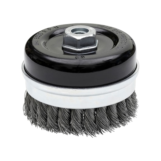 DEWALT wire cup brush with metal bristles and mounting nut for cleaning or surface preparation tasks.