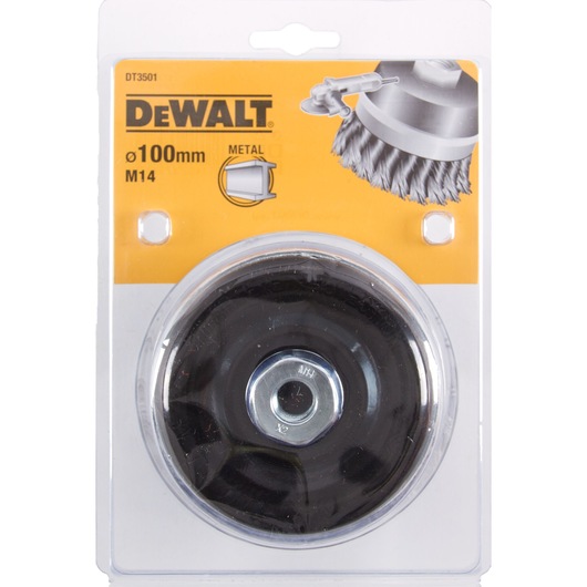 DEWALT DT3501 wire brush, 100mm, M14, for metal; product in original packaging.