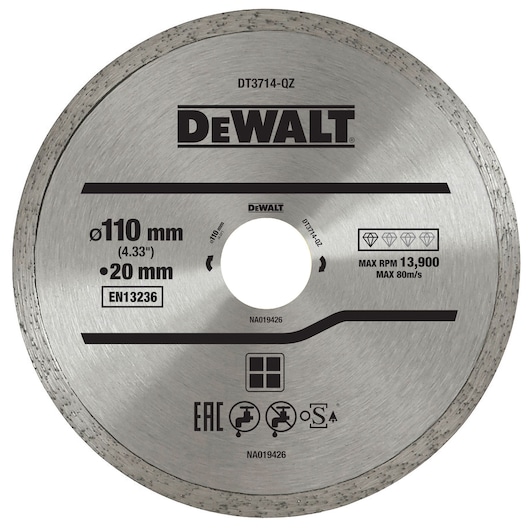 DEWALT DT3714 110mm diamond saw blade with a 20mm center hole, for cutting tasks. Silver color with printed details.