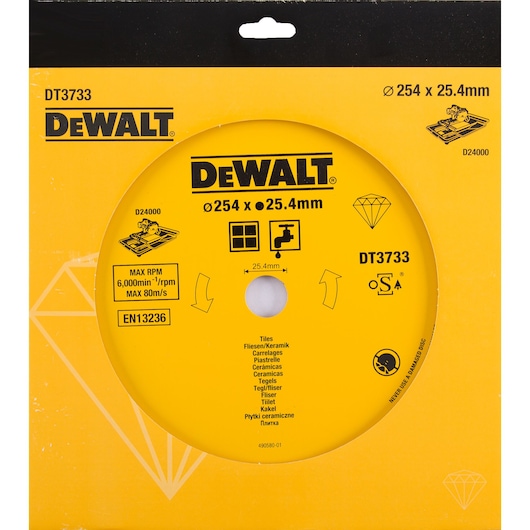 DEWALT DT3733 diamond blade for cutting tiles, 254 x 25.4mm, yellow packaging, suitable for ceramic applications.
