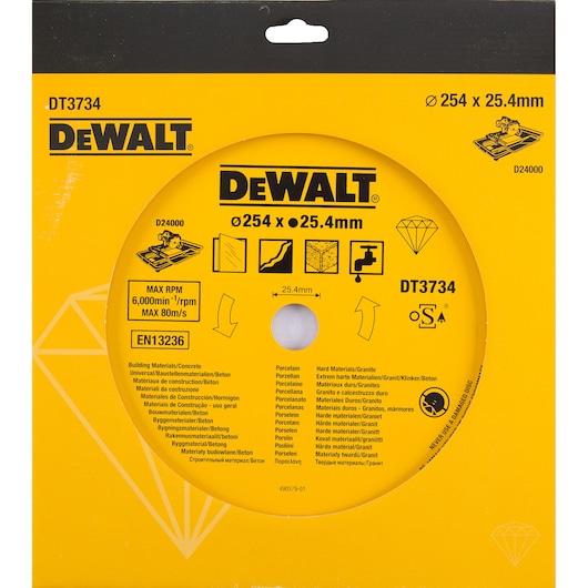 DEWALT saw blade DT3734, DT3734-QZ for cutting concrete, porcelain, granite. Diameter 254x25.4mm. Yellow pack.