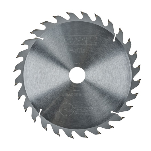A circular saw blade for woodworking, branded DEWALT, made of metal with sharp teeth around the edge.