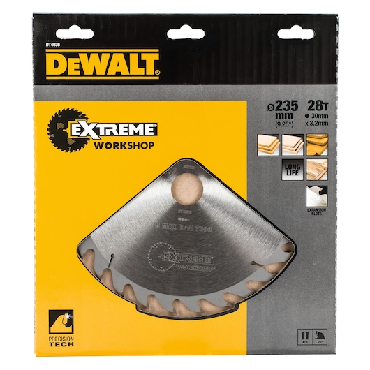 DEWALT DT4036 Extreme Workshop saw blade in packaging, 235mm diameter, 28 teeth, precision tech, for wood cutting.