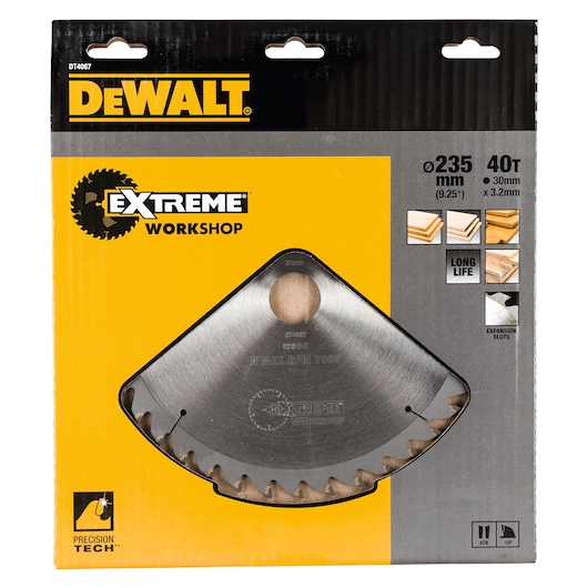 DEWALT DT4067 Extreme Workshop circular saw blade, 235mm, 40 teeth, in yellow and black packaging.
