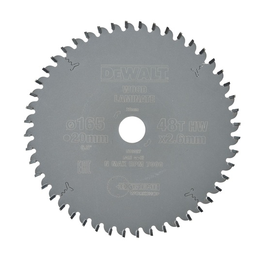 A circular DEWALT saw blade, model DT4087, designed for wood and laminate. The blade has 48 teeth and specifications include 165mm diameter, 20mm bore, and a maximum RPM of 7000.