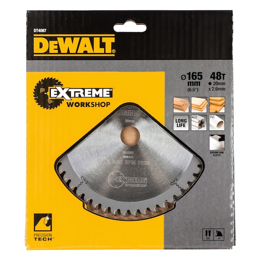 DEWALT DT4087 circular saw blade, Extreme Workshop, 165mm, 48 teeth, in yellow and black packaging.