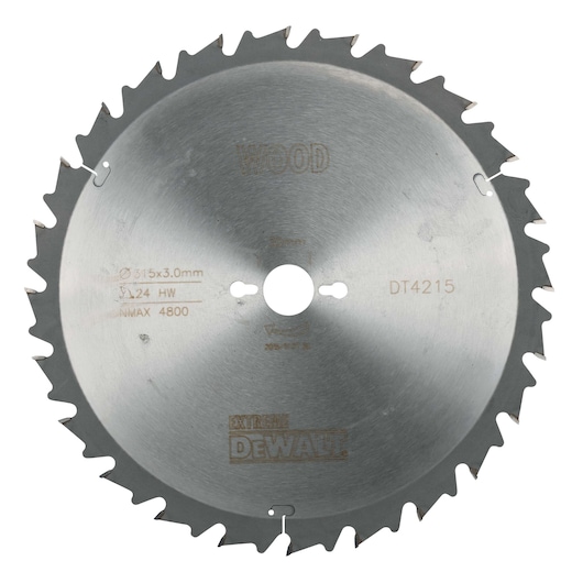 DEWALT DT4215 circular saw blade for wood, silver color, toothed edge, 315 mm diameter, shown on white.