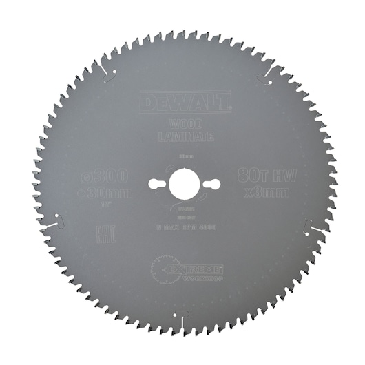 DEWALT DT4281 circular saw blade for wood laminate, 300mm diameter, 80 teeth, gray metal finish.