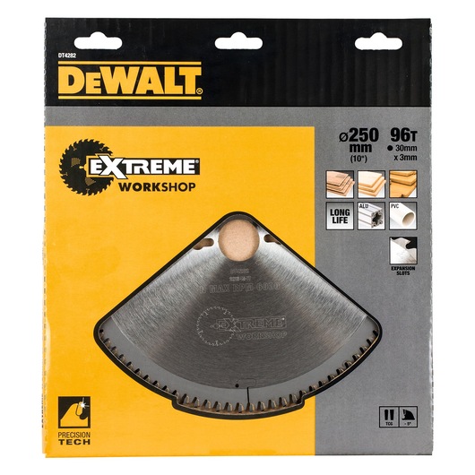 DEWALT DT4282 Extreme Workshop 250mm saw blade in yellow and black packaging, suitable for wood, aluminum, PVC.