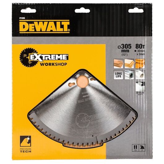 DEWALT DT4288 Extreme Workshop saw blade for wood, 305mm, 80 teeth, in yellow and black packaging.