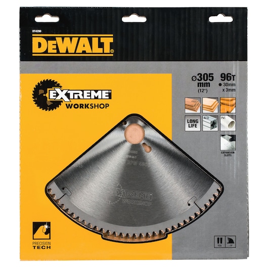 DEWALT DT4290 Extreme Workshop saw blade, 305mm, 96 teeth, in retail packaging for woodworking and PVC.