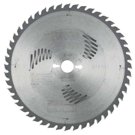 DEWALT DT4327 circular saw blade for wood, diameter 300mm with 48 teeth, made of metal, shown from above.