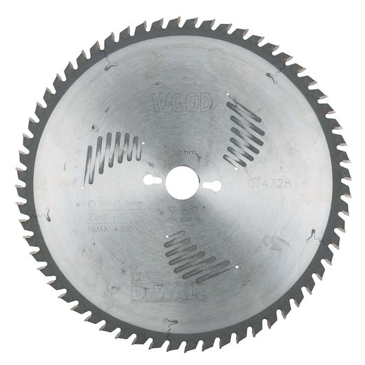 A circular saw blade designed for wood, with sharp teeth around the edge. The blade is branded DEWALT, with product information including model number DT4328 and specifications etched on the surface.