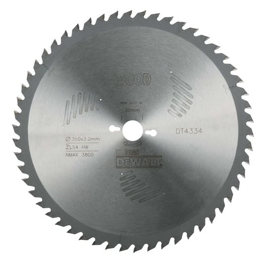 DEWALT DT4334 circular saw blade for wood, 350x3.0mm, 54 teeth, with center hole and branded markings.