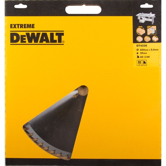 DEWALT DT4338 saw blade packaging, yellow and black, displays blade segment. For woodworking, 400mm, 60 teeth.