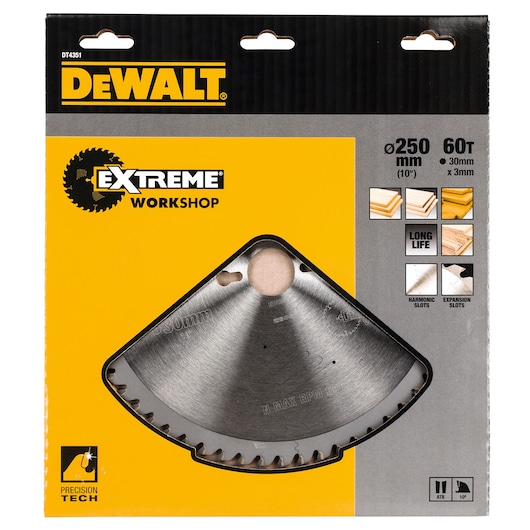 DEWALT DT4351 Extreme Workshop circular saw blade, 250mm, 60 teeth, in yellow and black packaging.