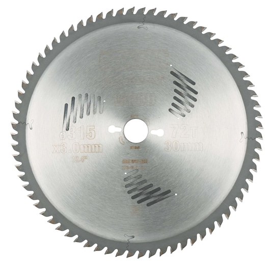 A circular saw blade from DEWALT, model DT4358, featuring 72 teeth and 315mm diameter. The blade has several slots for stability and a central mounting hole. Intended for woodworking applications.