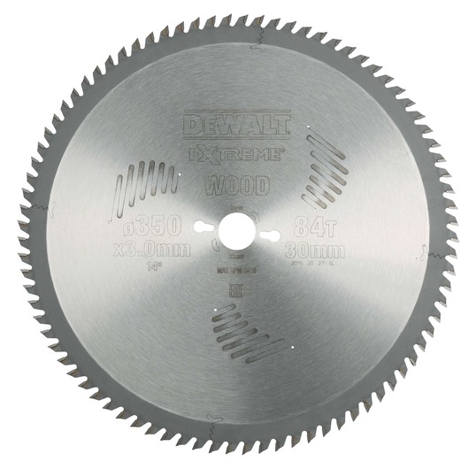 DEWALT DT4360 circular saw blade for wood, 350mm diameter, 84 teeth, silver color.