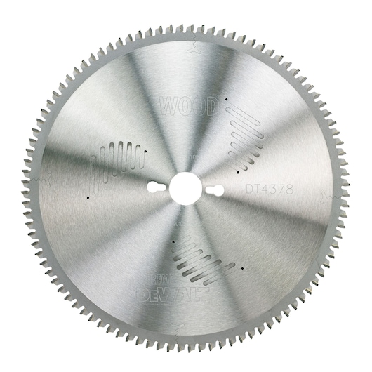 DEWALT DT4378 circular saw blade for wood, silver with sharp teeth and central mounting hole.