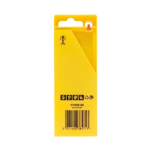 Yellow DEWALT DT4535 packaging with barcode, safety icons, and plastic recycling symbols shown on the back.
