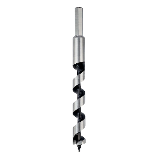 Metal auger drill bit with hex shank shown upright against a white background.