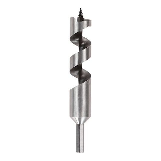 Metal auger drill bit for wood, with spiral design and threaded tip, shown vertically on white background.