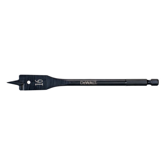 A DEWALT flat wood drill bit with a hex shank and a 16 mm size marking, designed for drilling holes in wood.