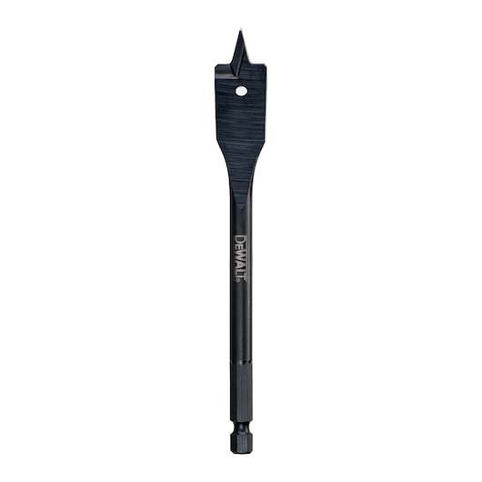 A DEWALT flat wood drill bit with a hexagonal shank, designed for boring holes in wood. The bit is black and has a pointed tip with sharp edges for efficient cutting.