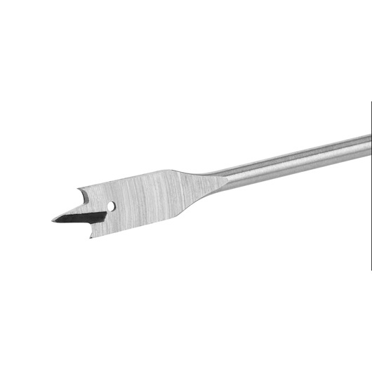 Metal flat wood drill bit with pointed tip for woodworking, isolated on white background.