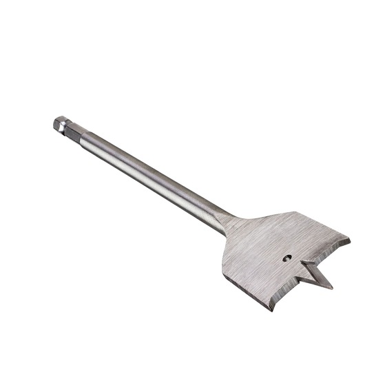 Flat steel spade drill bit with hex shank for woodworking, shown isolated on a white background.