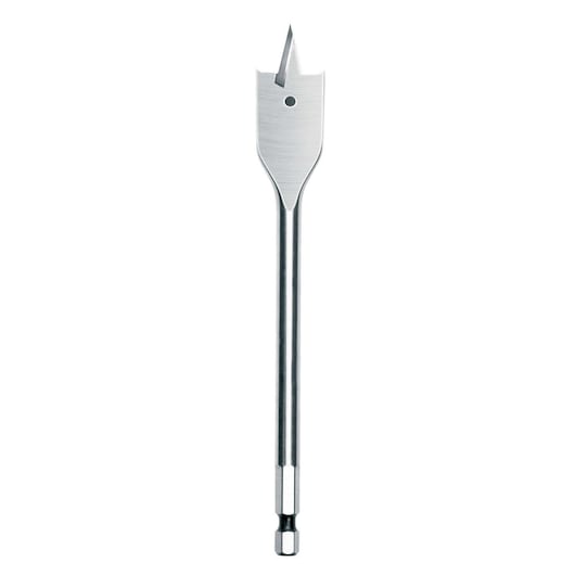 A flat wood drill bit with a sharp point and hex shank, used for making holes in wood surfaces.