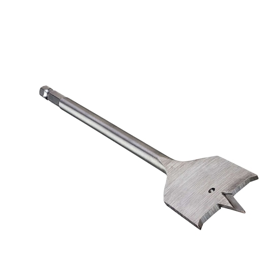 Flat spade drill bit with hex shank for woodworking, shown on a white background.