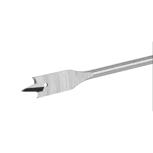 Close-up of a flat wood spade drill bit with a sharp tip, used for drilling holes in wooden surfaces.